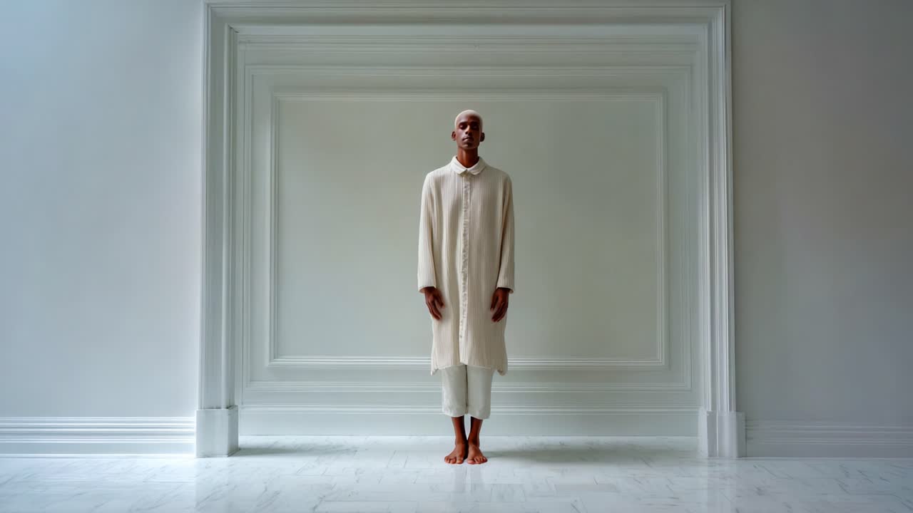 A solitary figure stands in a serene, minimalist space, capturing a moment of contemplation and tranquility, embodying elegance and grace within a beautifully designed interior