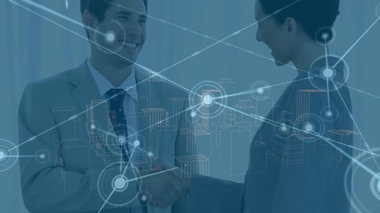 연결된 점의 애니메이션, 카우카스 기업가들이 사무실에서 손을 흔드는 도시의 3d 모델