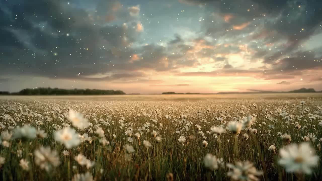 Padang Rumput Indah Saat Senja dengan Bunga Liar Bermekaran dan Langit yang Megah, Menangkap Ketenangan Alam dan Berakhirnya Hari yang Damai.