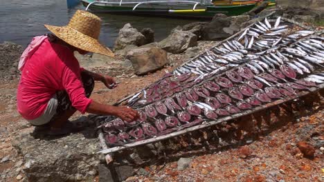 Un-Pescador-Local-Secando-Al-Sol-Pescado-Utilizando-Energía-Solar-Natural-Para-La-Venta-En-La-Costa-De-Claver,-Surigao,-Filipinas