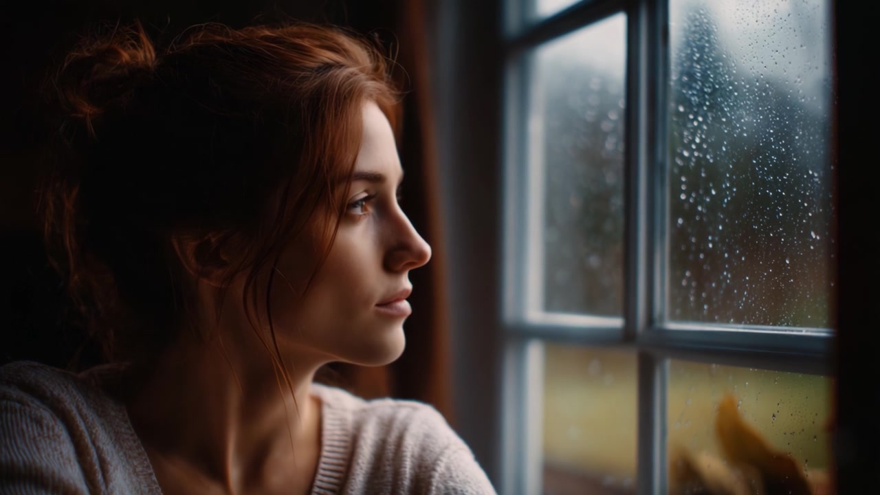 Contemplazione alla finestra: un momento riflessivo catturato in un'atmosfera piovosa, che mostra solitudine e profondità emotiva attraverso la prospettiva di una giovane donna.