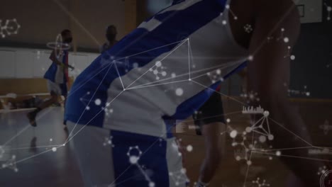 animación de la red de conexiones en un grupo diverso de jugadores de baloncesto masculinos