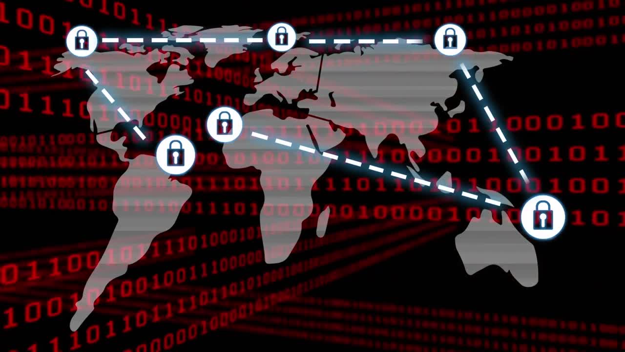 animación de codificación binaria, red de conexiones con candado de seguridad en línea sobre fondo oscuro