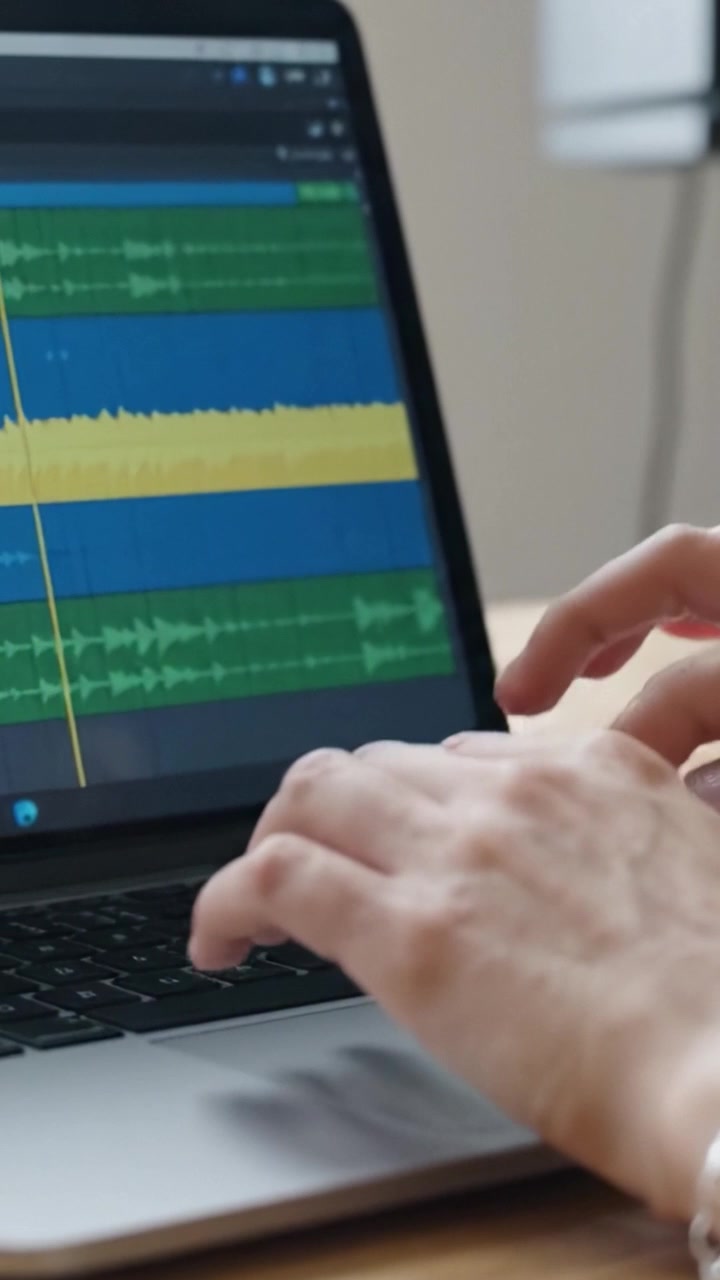 An individual engages in audio editing using a laptop, showcasing a vibrant digital audio workspace with multiple tracks and waveforms present on the screen.