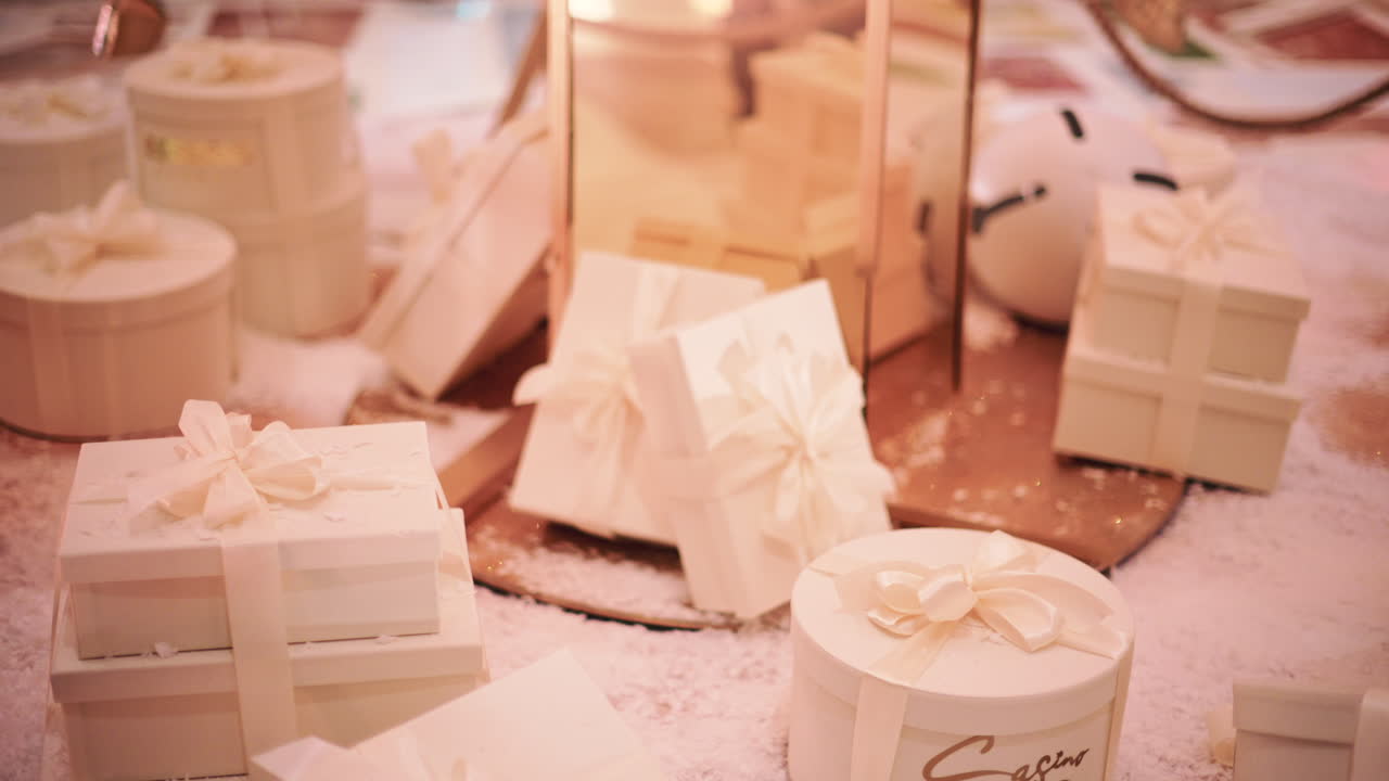 Primer plano de cajas de regalo blancas envueltas con cintas dispuestas sobre una superficie decorativa nevada, con iluminación ambiental cálida y accesorios festivos en el fondo