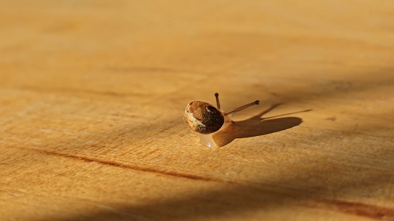 Close-up of a small snail seen from behind, slowly turning and moving on a wooden surface