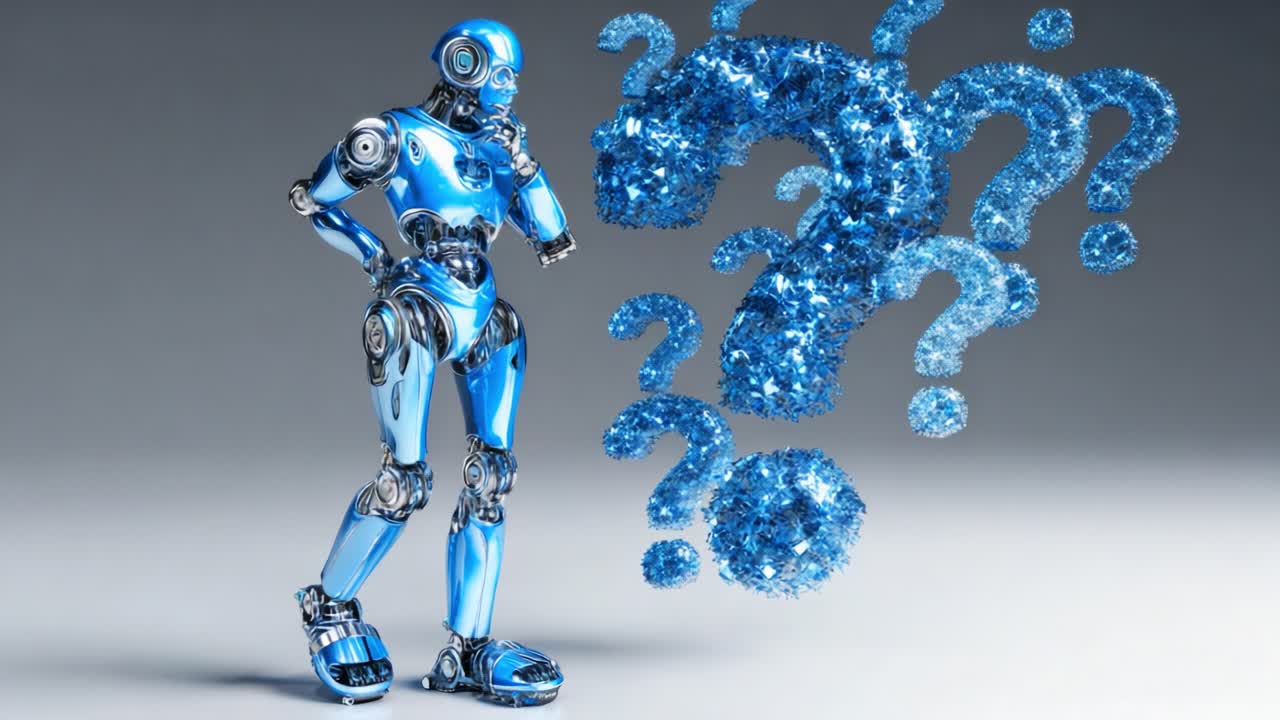 A futuristic blue robotic figure stands thoughtfully, pondering questions represented by sparkling blue question marks, symbolizing curiosity and the quest for knowledge and understanding