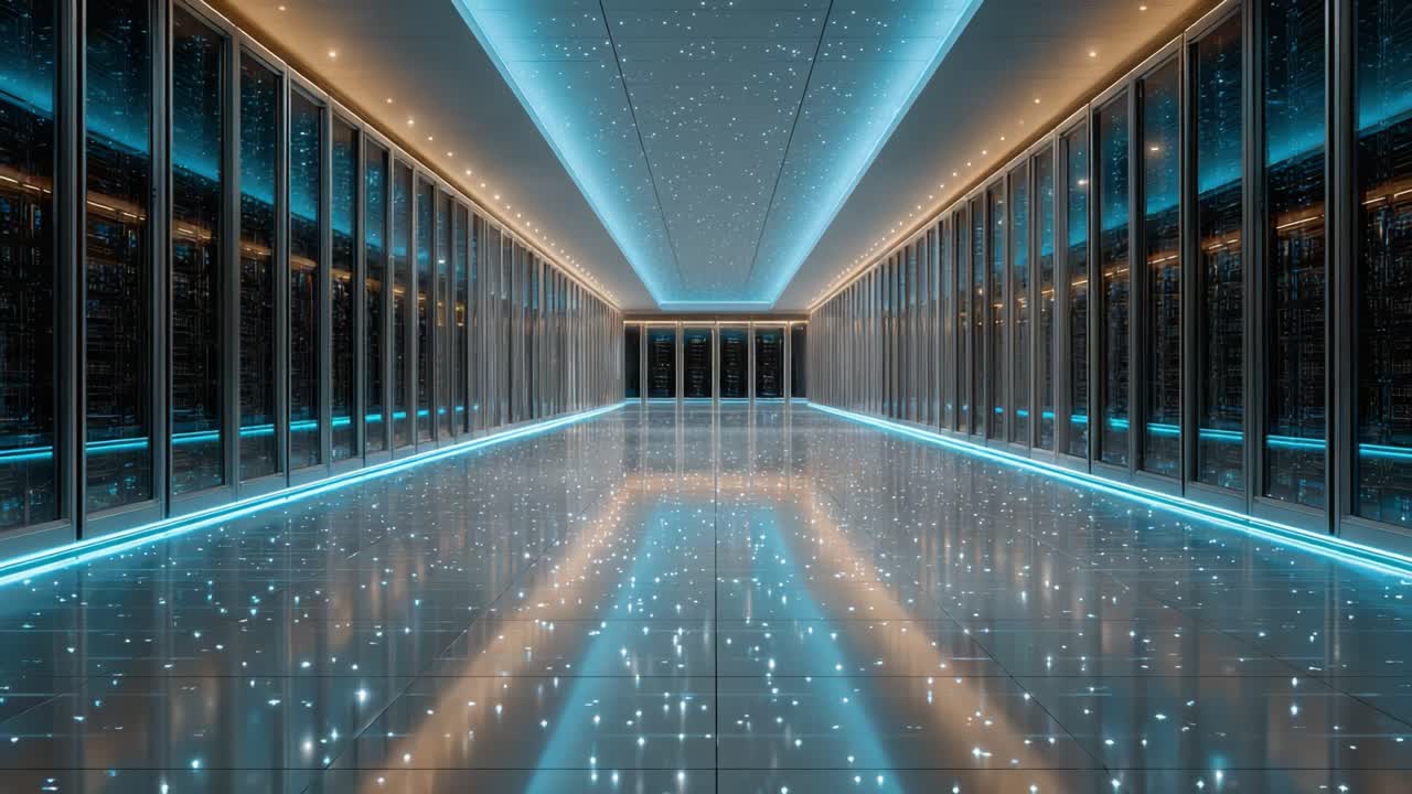 En futuristisk korridor med glødende blå lys og stjernebelyst loft i et moderne datacenter med rækker af servere og reflekterende gulv.