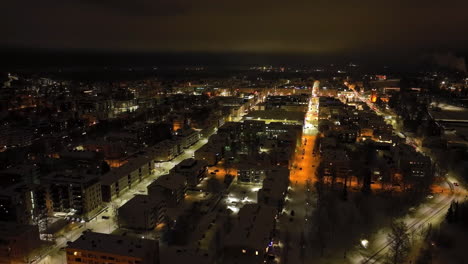 aerial overview of streets and buildings in downtown joensuu, winter in finland