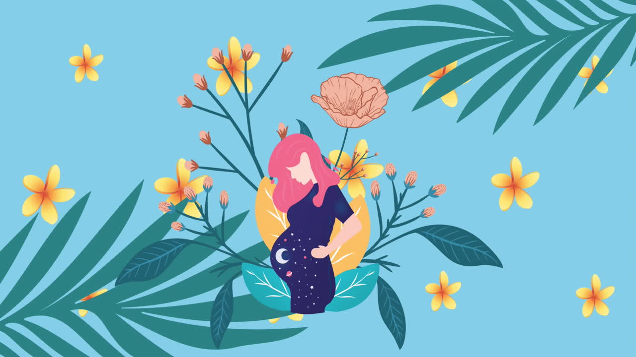 animación del icono de la mujer embarazada sobre el diseño de patrones florales contra un fondo azul.