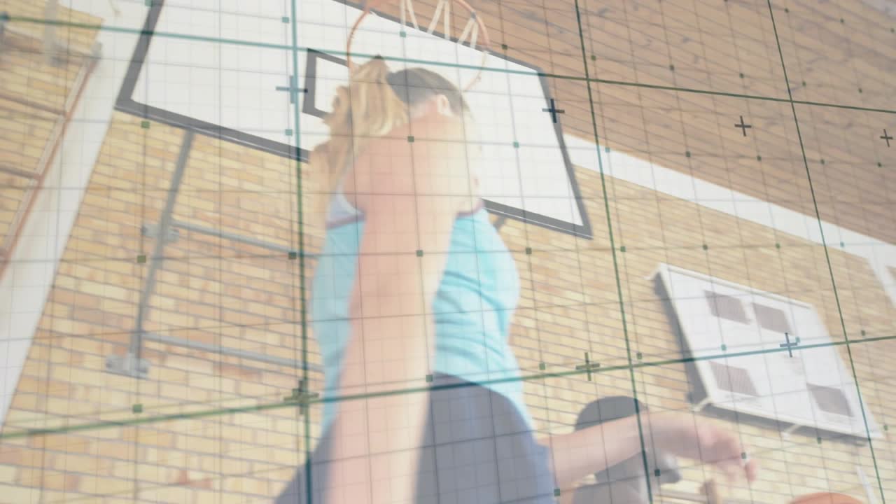 Female teen shooting layup after ball arc, grid guiding sports practice, coach clipboard watching