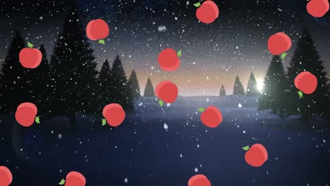 Animation-Mehrerer-Apfelsymbole-Und-Schnee,-Der-über-Bäume-In-Einer-Winterlandschaft-Fällt