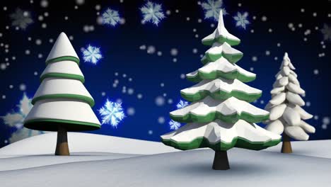 animación de nieve cayendo sobre los árboles sobre un fondo azul