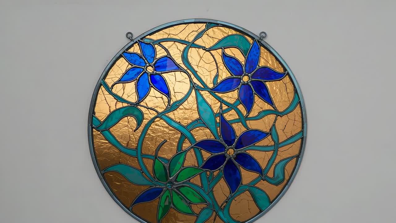 Camera panning tilting zooming on stained glass panel with metal loops on white wall for texture