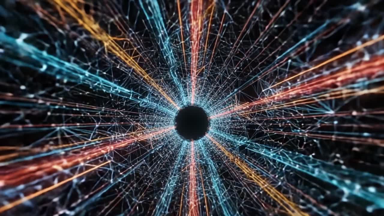 An Intricate Exploration of Digital Connectivity: Depicting Radiant Lines and Patterns Emerging from a Central Point of Darkness, Signifying Depths of Technology and Data Transmission