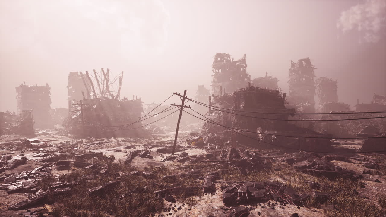 Cityscape of devastation following military action in a war torn area