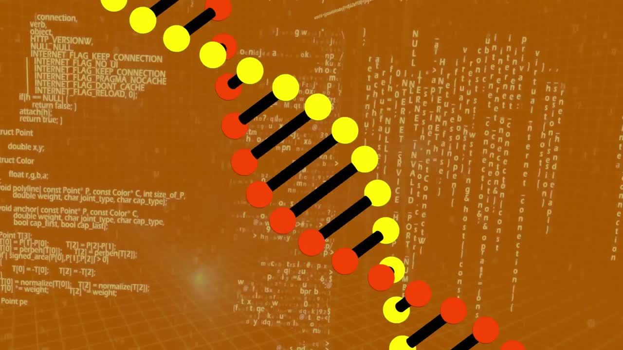 animación del hilado de la cadena de adn y el procesamiento de datos sobre un fondo naranja