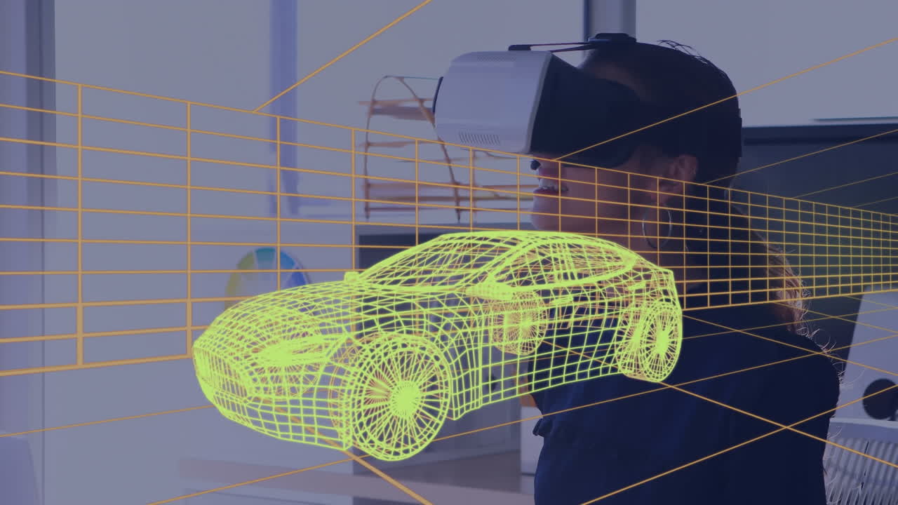 modelo de coche 3d sobre túnel digital contra una mujer que usa auriculares vr en la oficina