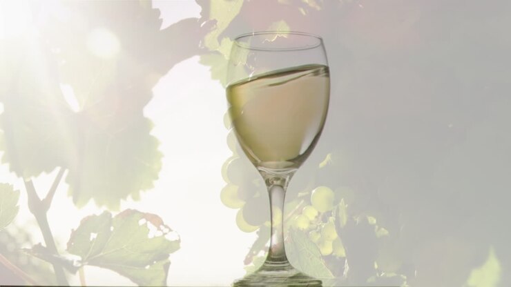 Animazione di vino bianco in un bicchiere su sfondo con uva