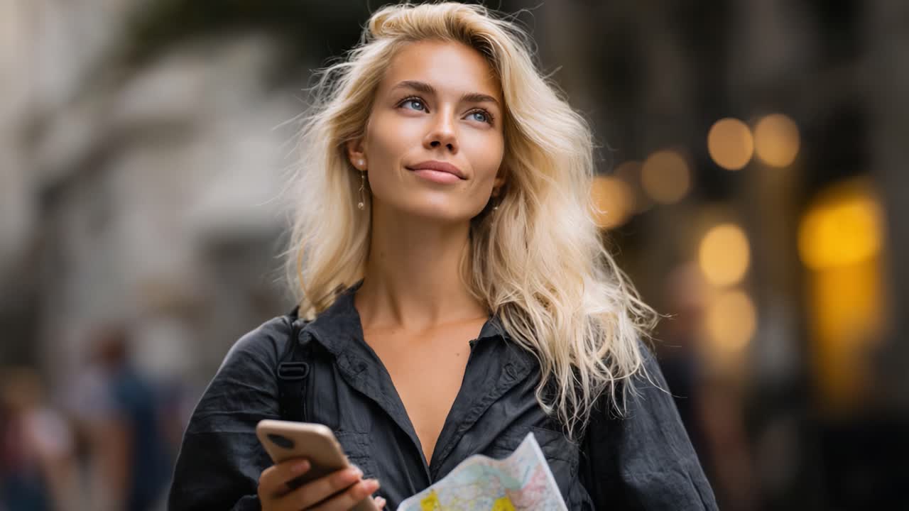 En smilende ung kvinde med langt blondt hår, der holder et kort og en smartphone, mens hun udforsker et bymiljø med slørede baggrundslys