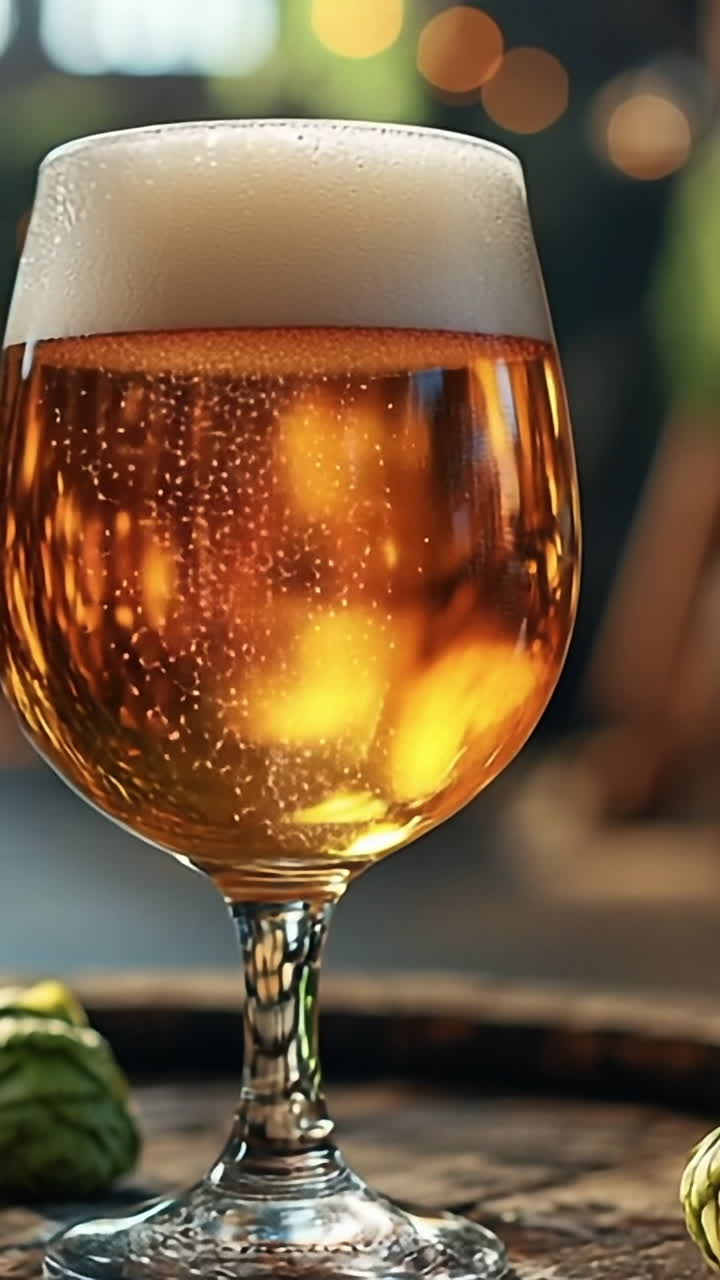 Craft beer served in a cozy brewery. A glass of golden craft beer sits on a wooden barrel, surrounded by fresh hops in a warm brewery setting.