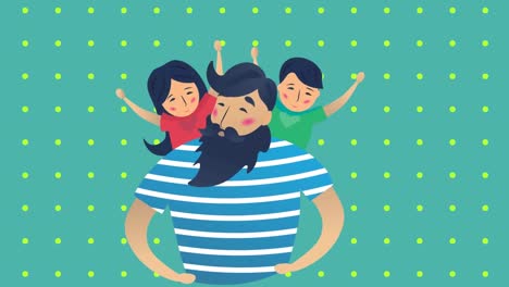 Animation-of-illustration-of-happy-father-playing-with-son-and-daughter-on-shoulders,-on-green-dots