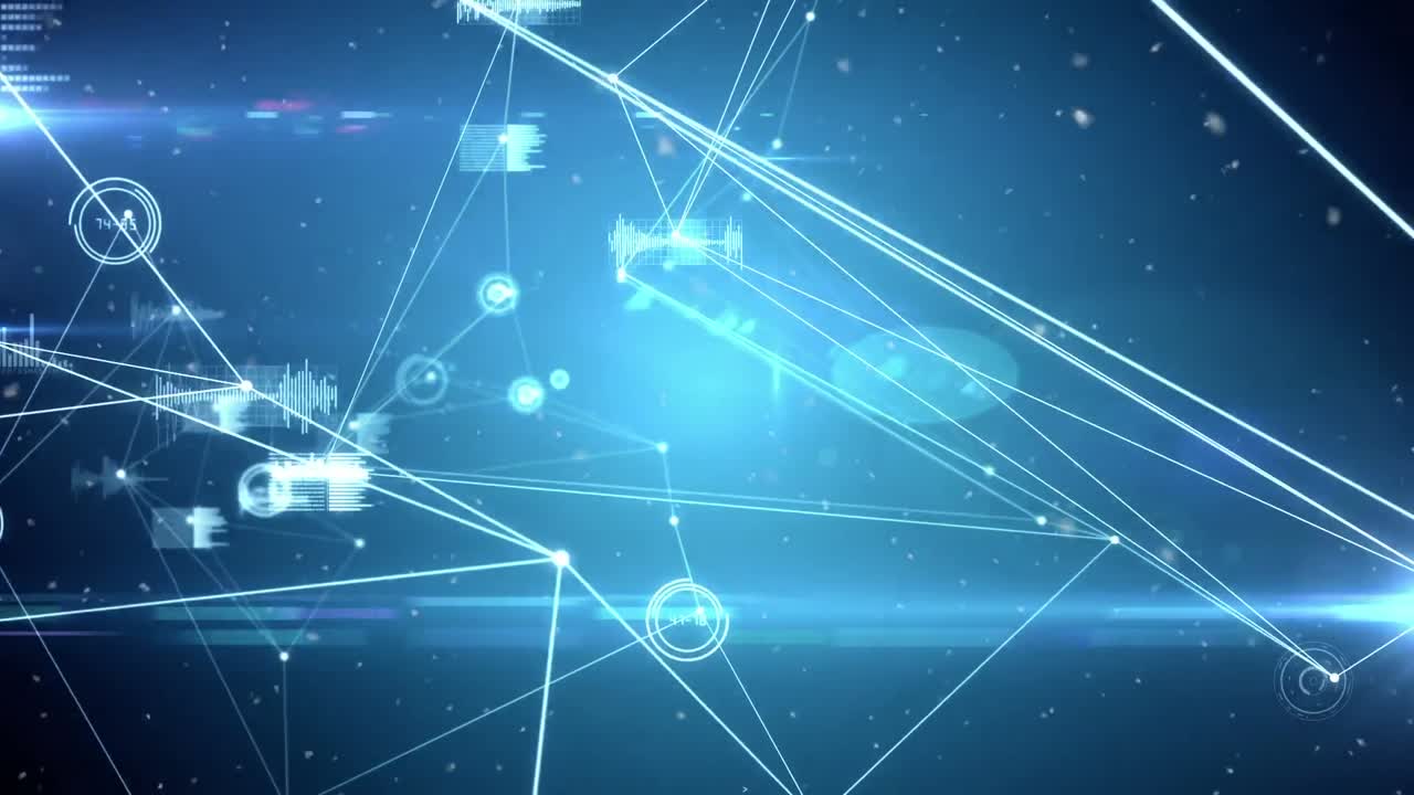 Animation of snow falling and network of connections over black background