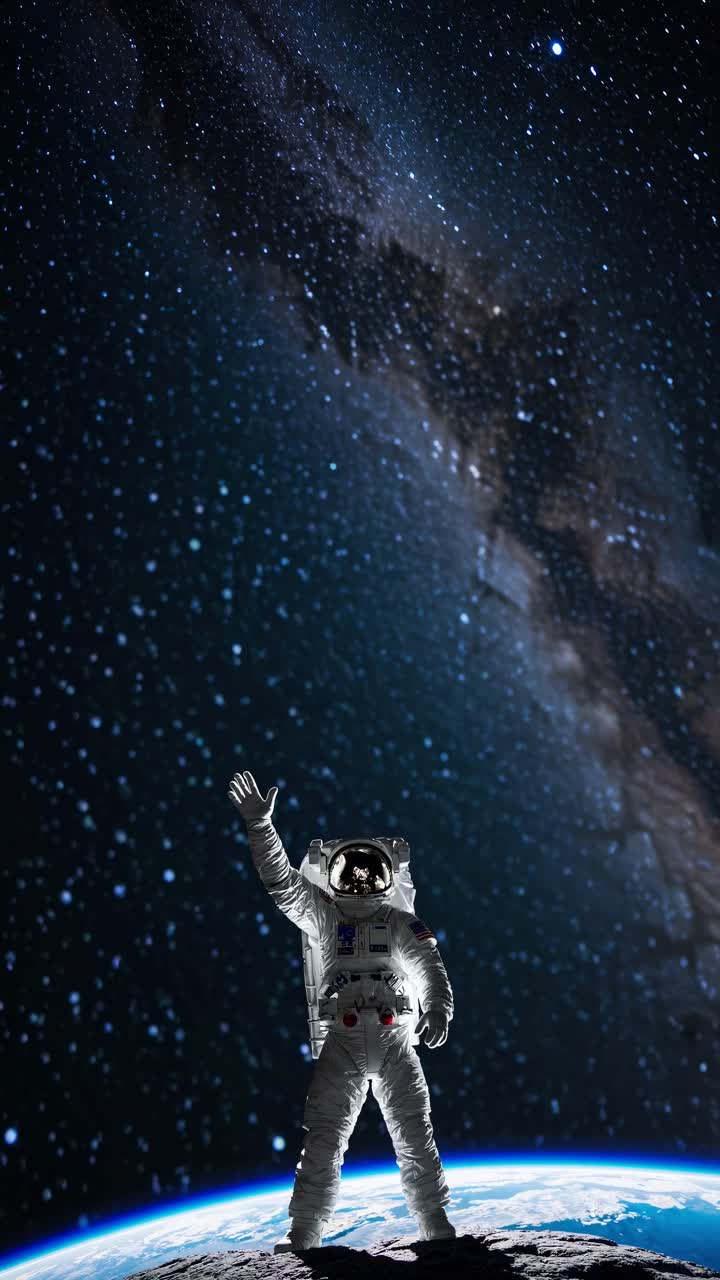 A lone astronaut stands on a planet's surface, gazing at a starry galaxy