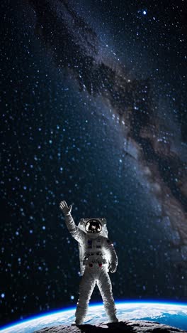 a lone astronaut stands on a planet's surface, gazing at a starry galaxy