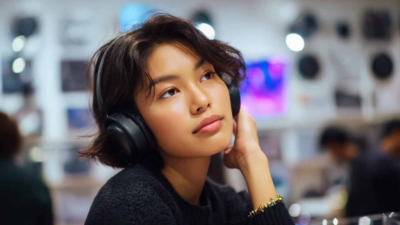 A young woman enjoying music with headphones in a cozy and artistic café setting, reflecting a moment of relaxation and engagement with her favorite tunes, lost in thought and creativity