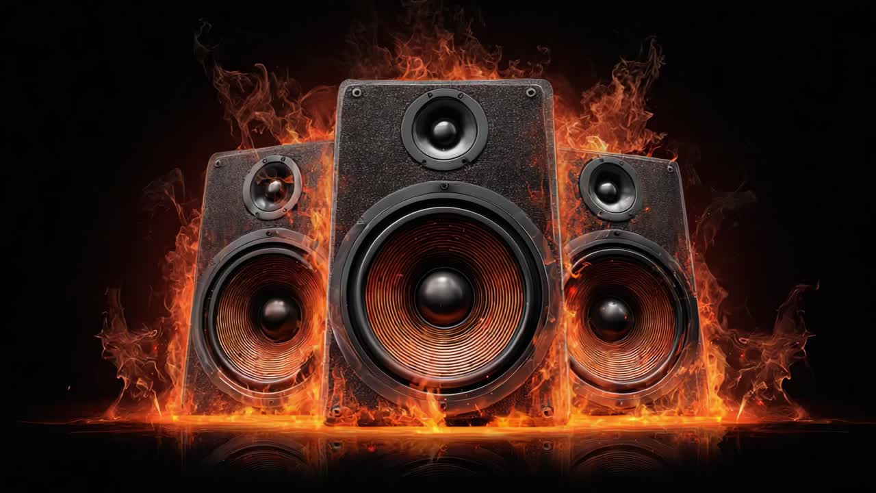 Ondas Sonoras Dinâmicas Erompendo de Alto-Falantes Flamejantes: Uma Sinfonia Visual de Música e Energia Capturada em Detalhes Impressionantes.