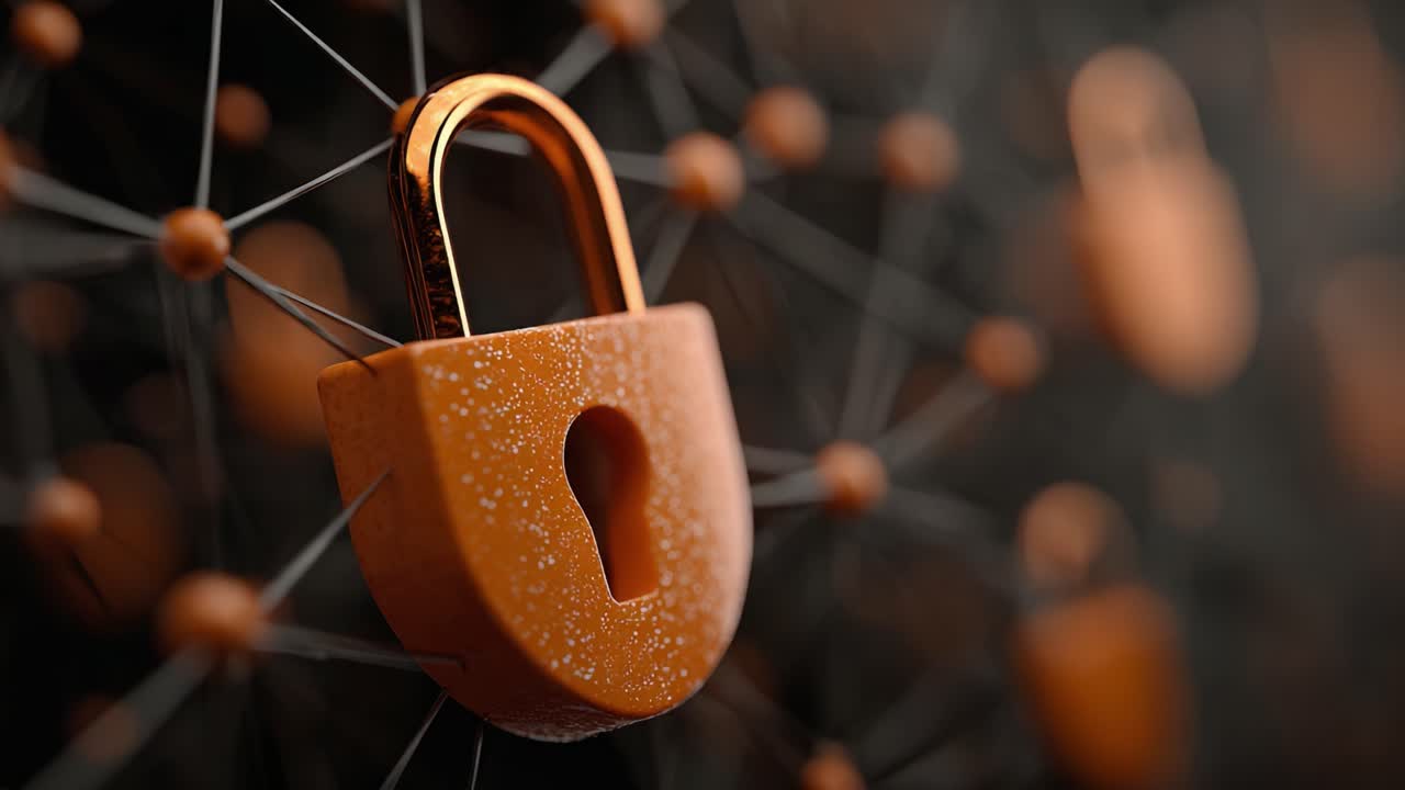 A Close-Up Exploration of an Orange Padlock Surrounded by Connected Nodes, Highlighting Concepts of Security and Connectivity in a Digital Age