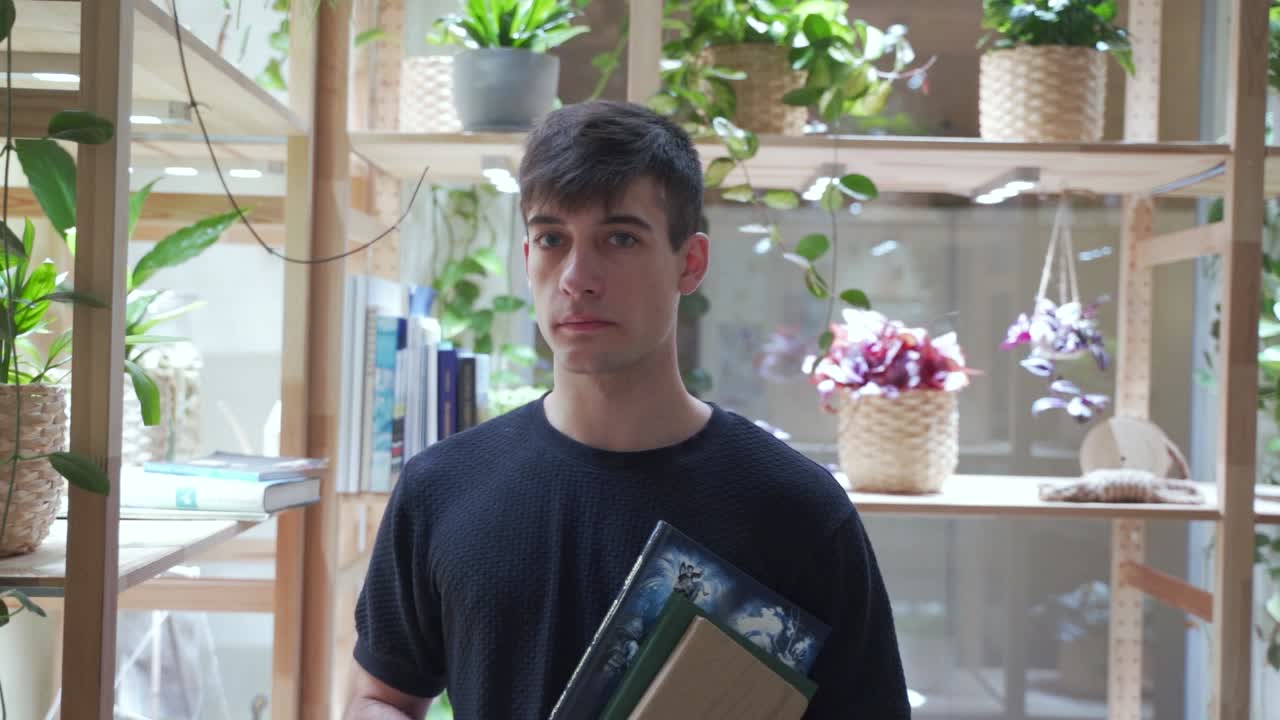 retrato de un estudiante de cabello blanco sosteniendo libros en la biblioteca