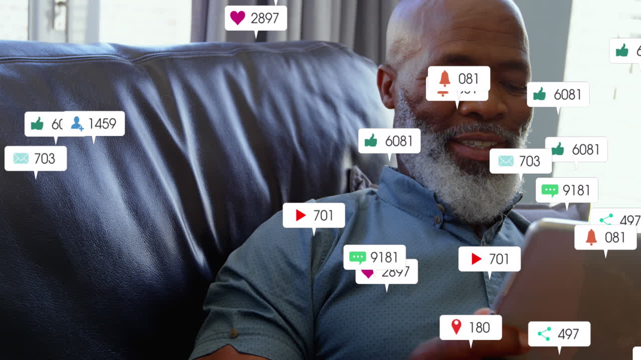 Animation of notification bars over senior african american man using digital tablet at home