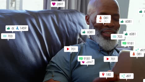 animation of notification bars over senior african american man using digital tablet at home