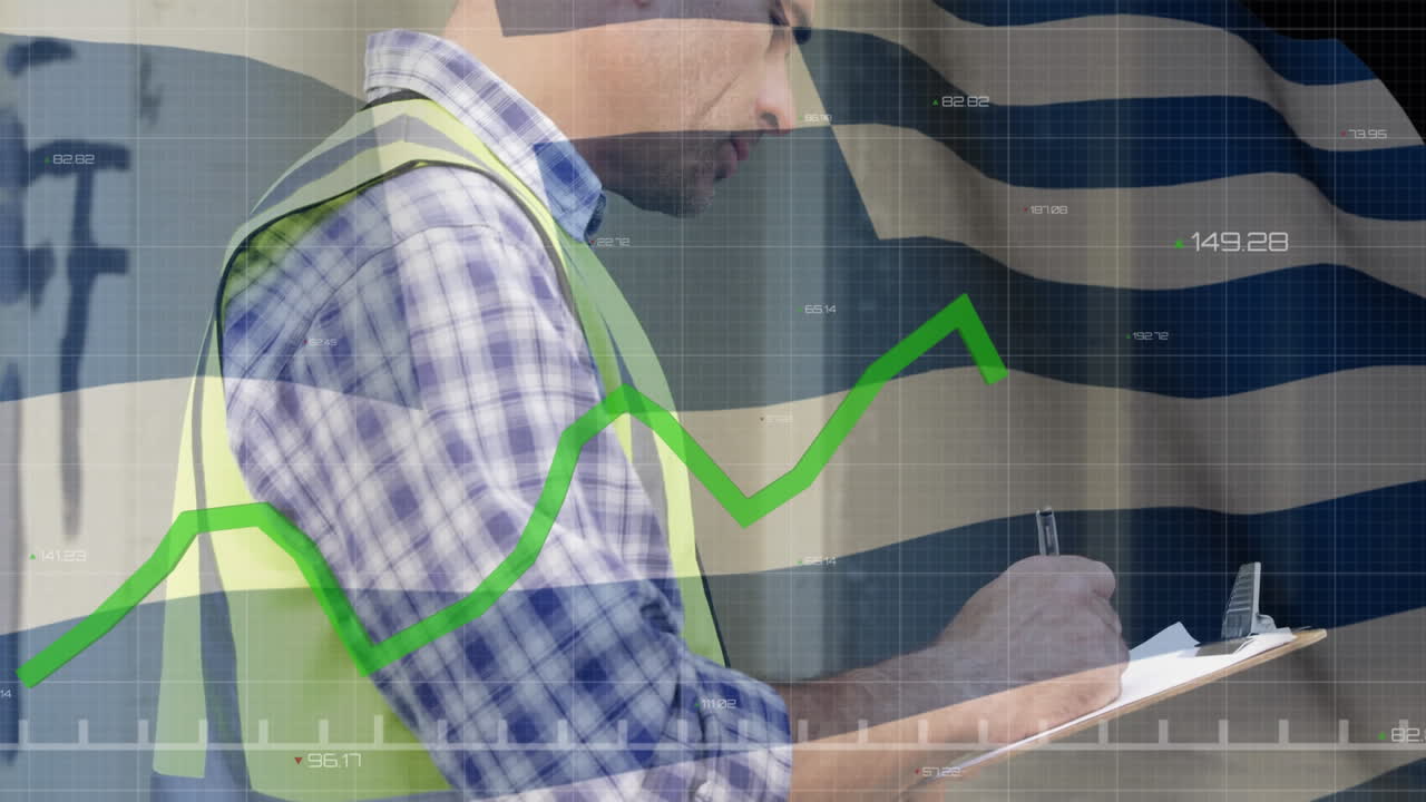 그리스 플래그 오버 현장 노동자가 계획을 작성하고 있습니다.