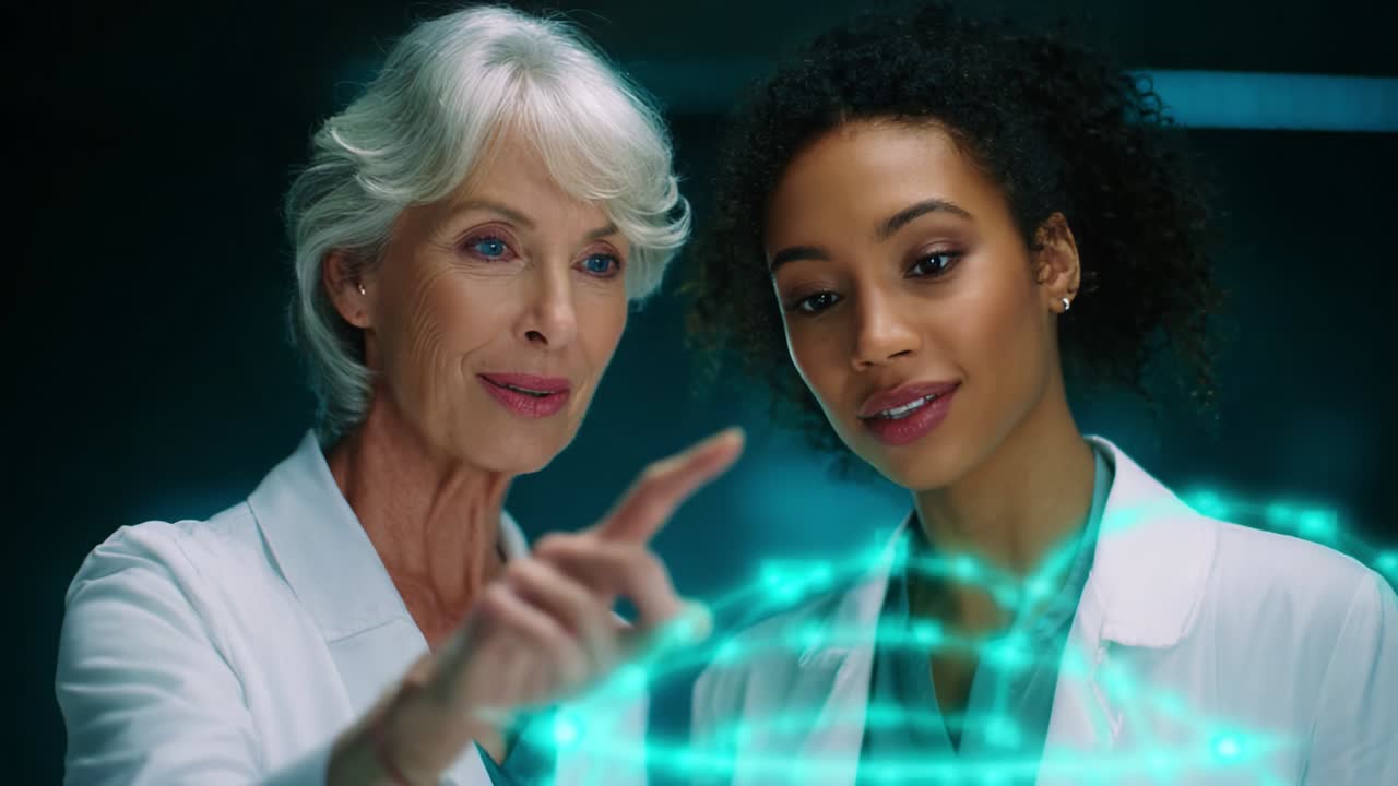 Two women in lab coats engaged in advanced technology, examining a holographic interface that represents scientific data, showcasing collaboration and innovation in a modern research environment