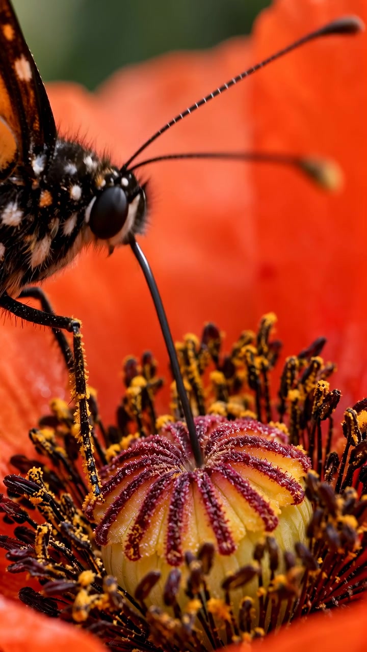 Close-up macro-opname toont een oranje en zwart gevleugeld insect dat een felrode bloem onderzoekt op nectar, met zijn gebogen monddeel dat het bloemhart bereikt tegen een zacht vervaagde groene achtergrond.