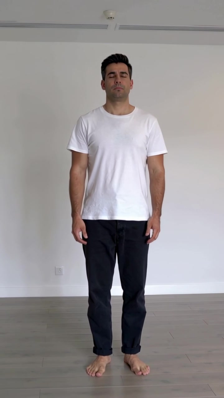 Video verticale: Uomo che si sistema e si regge a terra in casa mentre la telecamera filma, con una maglietta bianca.