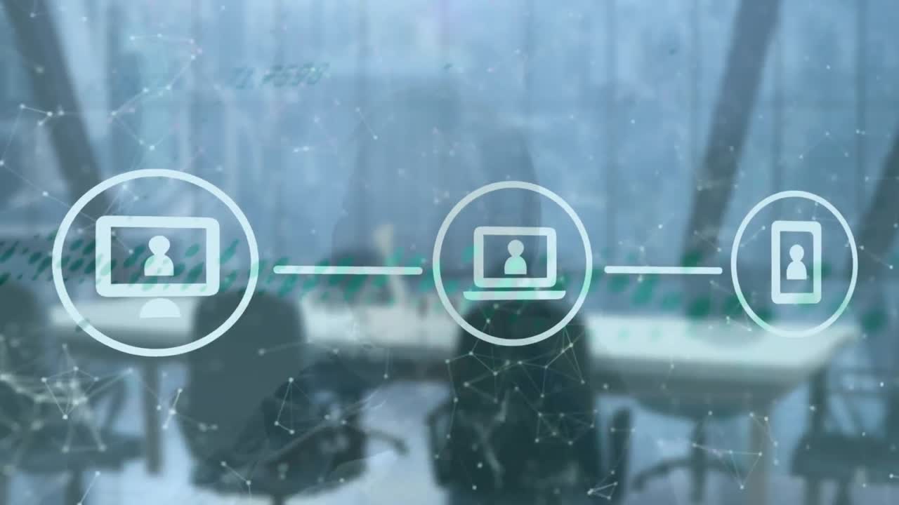 빈 사무실 위에 아이콘으로 데이터 처리의 애니메이션