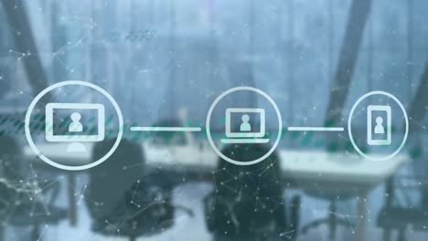 animación del procesamiento de datos con iconos sobre la oficina vacía.