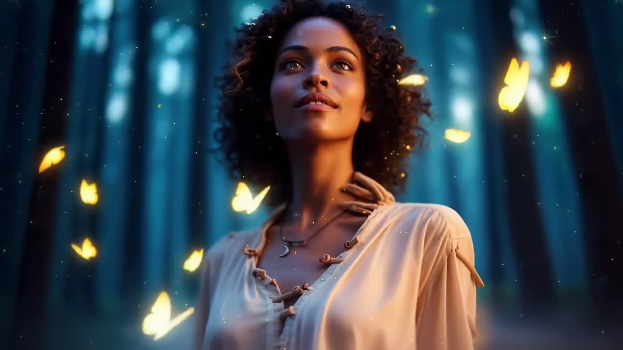 A mystical video scene with a low-angle view of a woman in a forest, surrounded by glowing