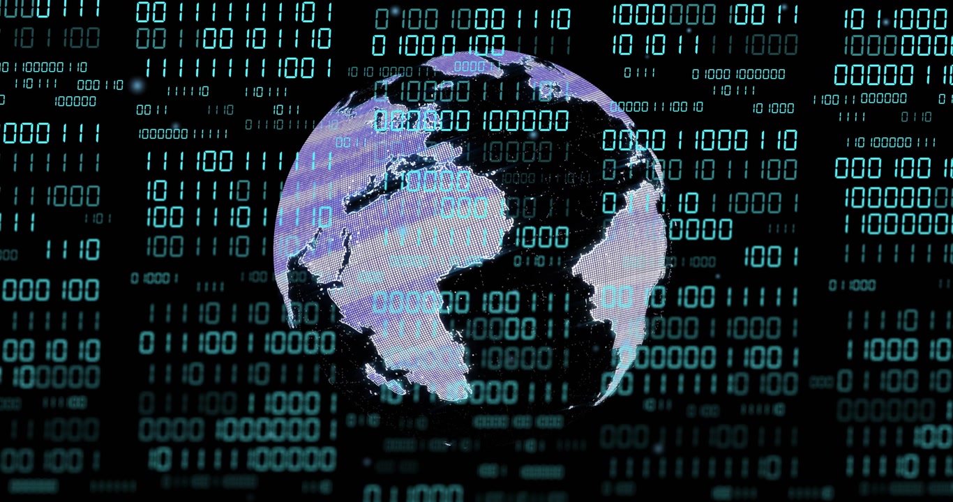 Binary digits flickering and starting globe rotating clockwise, revealing map and showing data