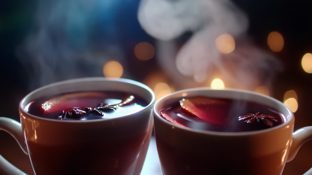 Two steaming cups of aromatic beverage with slices of fruit and spices, set against a backdrop of sparkling lights creating a cozy and inviting atmosphere perfect for gatherings or relaxing evenings