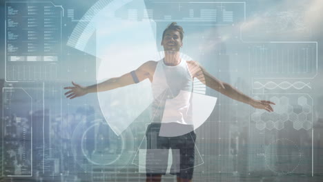 animation of data processing over caucasian man exercising and cityscape