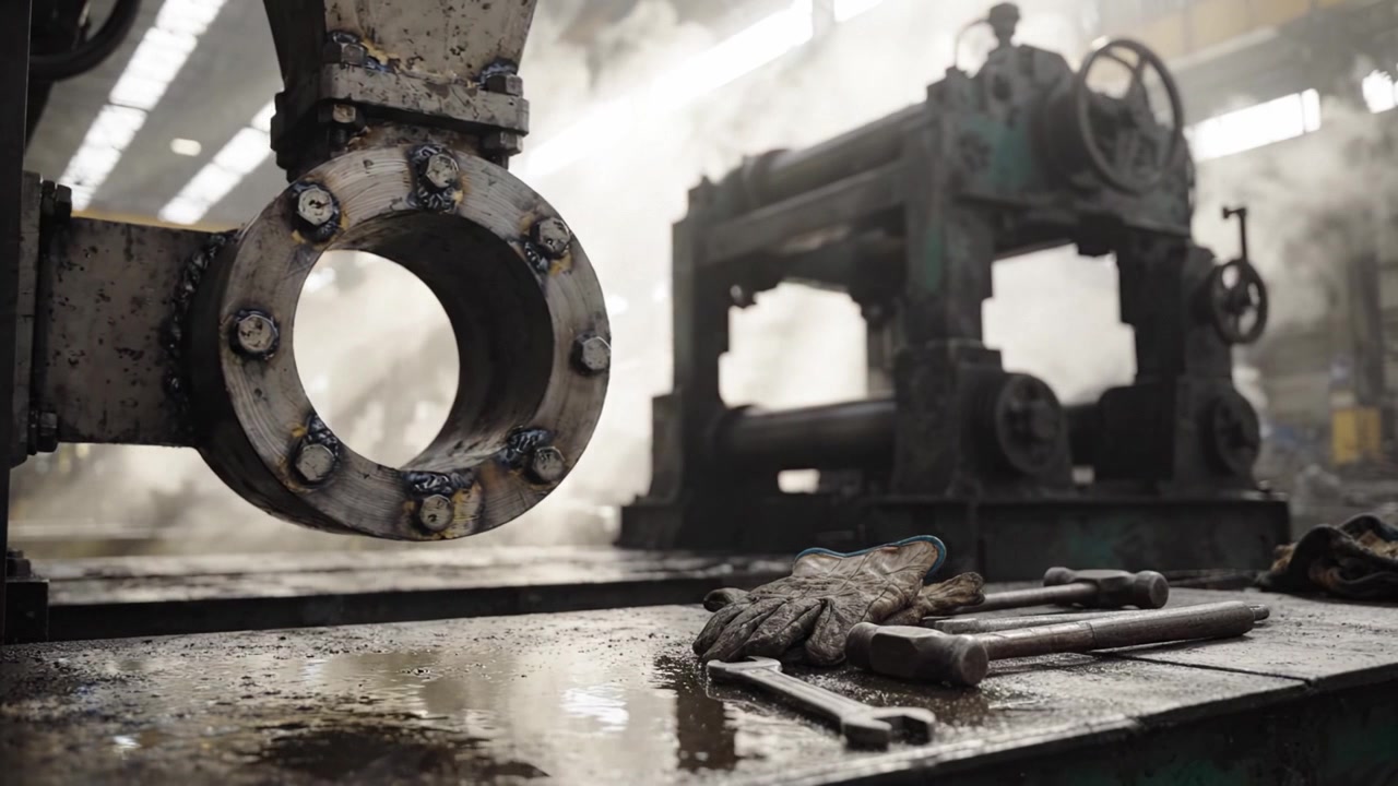 Industrielle Werkstattszene mit Maschinen und Werkzeugen in einer rauchigen Umgebung, festgehalten in zwei Bildern – ein Einblick in Fertigungsprozesse und Ausrüstung.