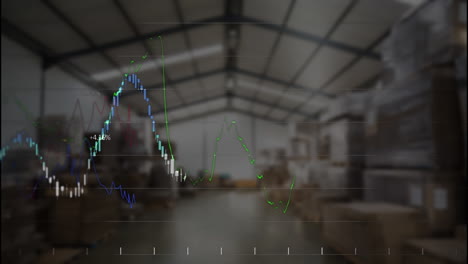 stock chart displaying candlestick bars and colored line graphs over warehouse racks in flat design