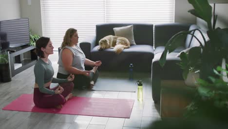 caucasian lesbian couple keeping fit and meditating on yoga mat