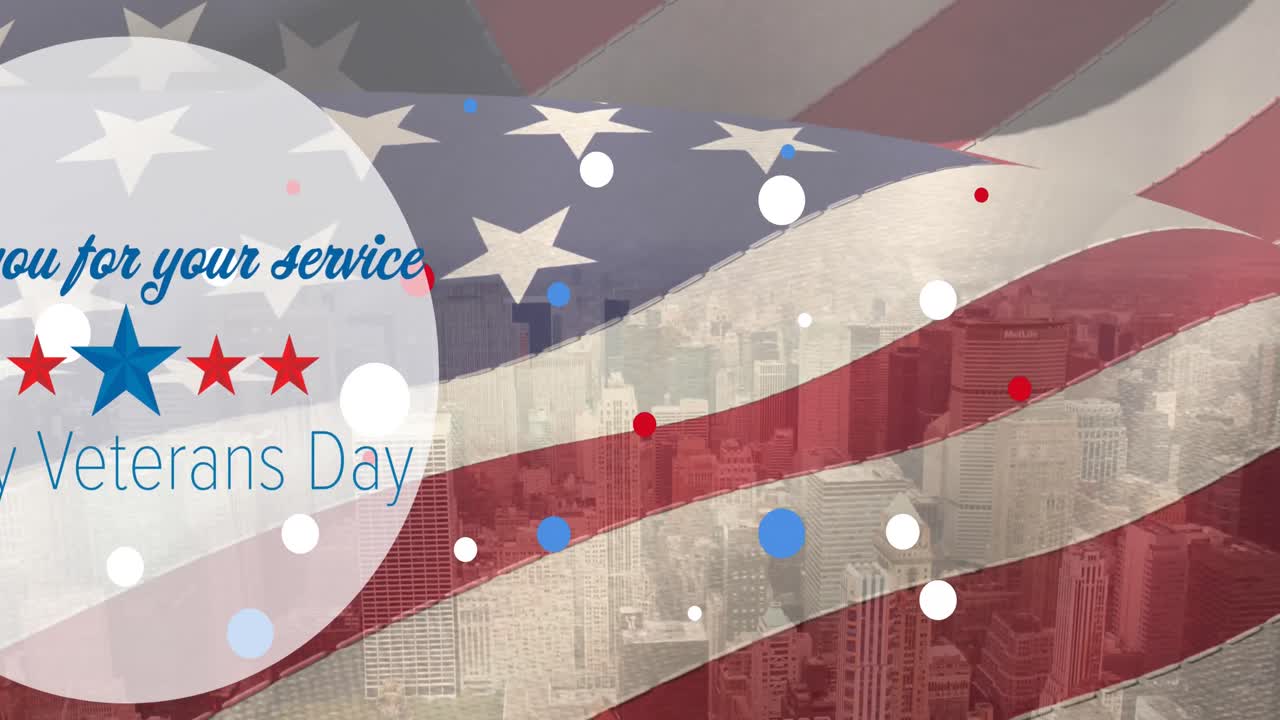 미국 국기 위에 빨간색,  ⁇ 색 및 파란색 점이 있는 행복한 참전용사 날 텍스트의 구성