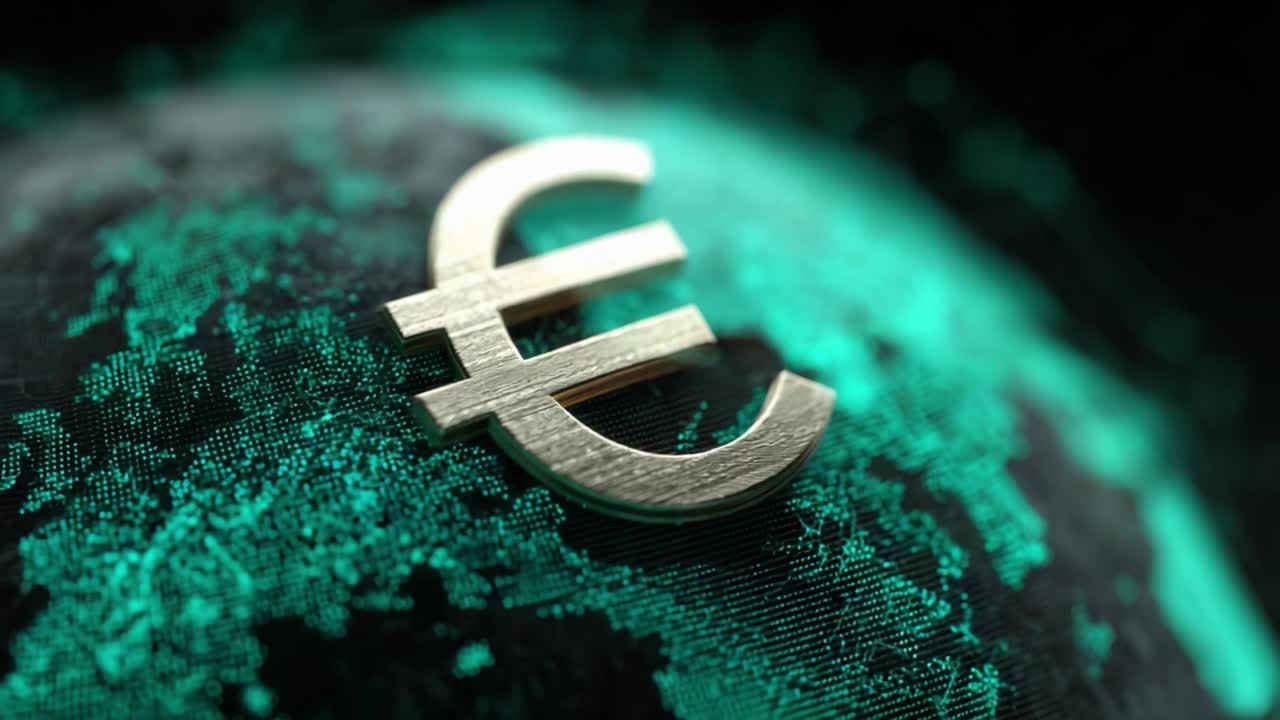 En närbild av en gyllene eurosymbol på en globalt tema-bakgrund, som representerar ekonomisk sammankoppling och finansiella system i en digital era.